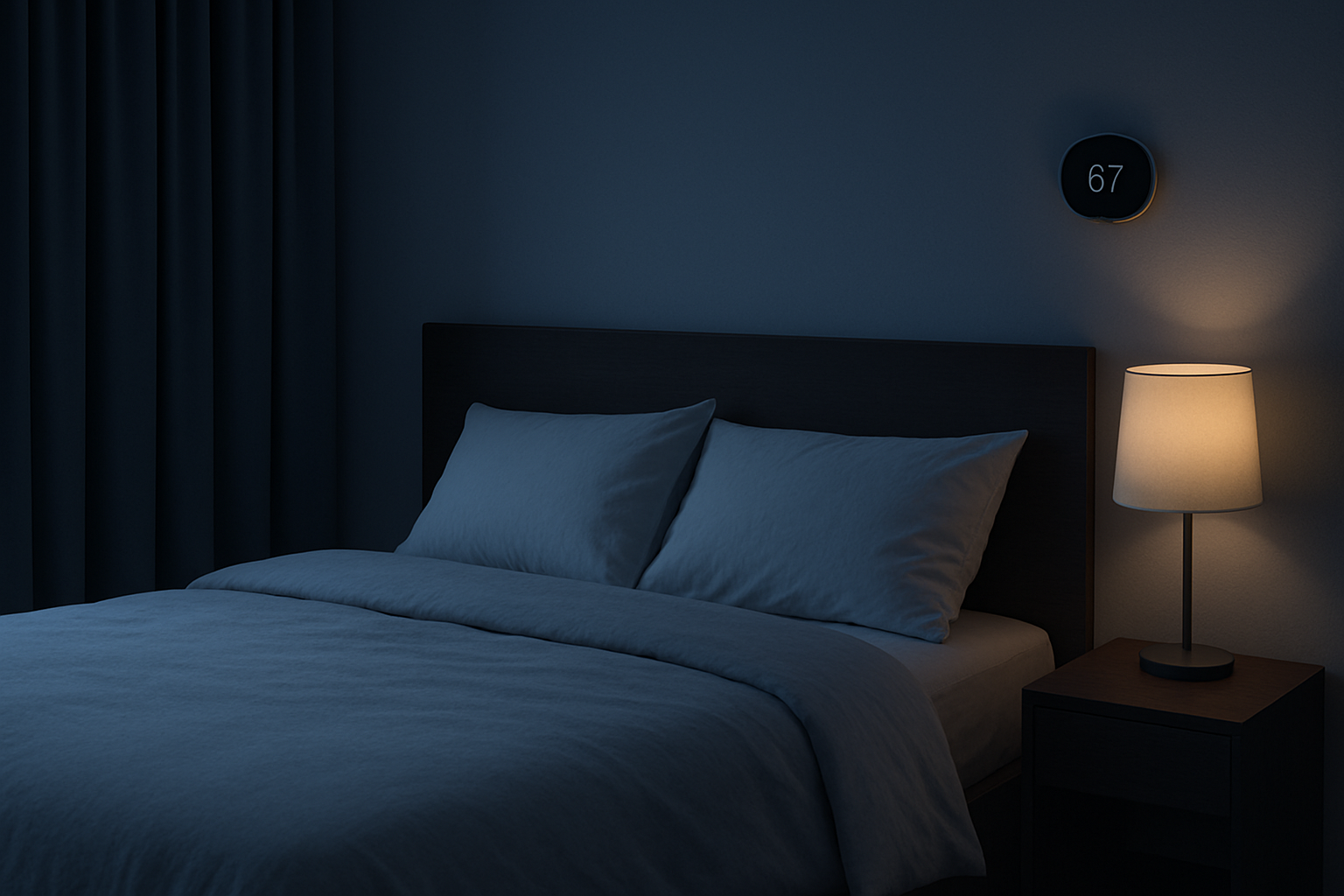 Peaceful sleep environment with dark bedroom and comfortable bedding